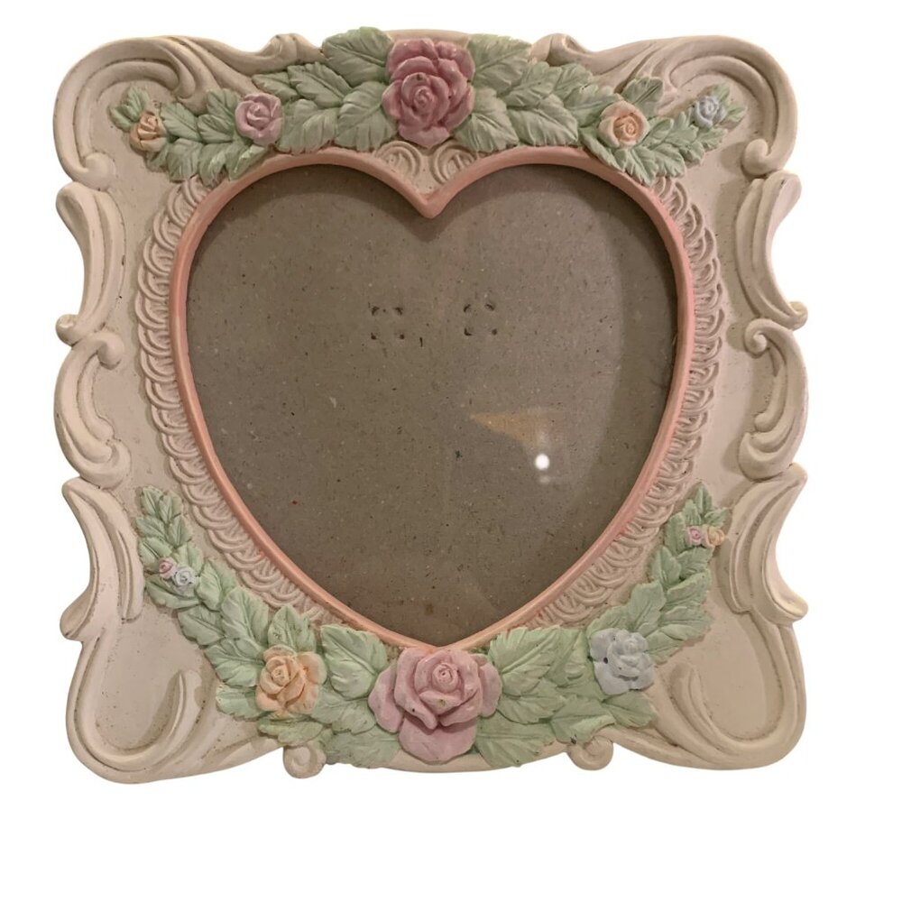 VTG Picture Frame‎ Heart-Shaped Floral Resin Pastel Roses Green Leaf Cottagecore